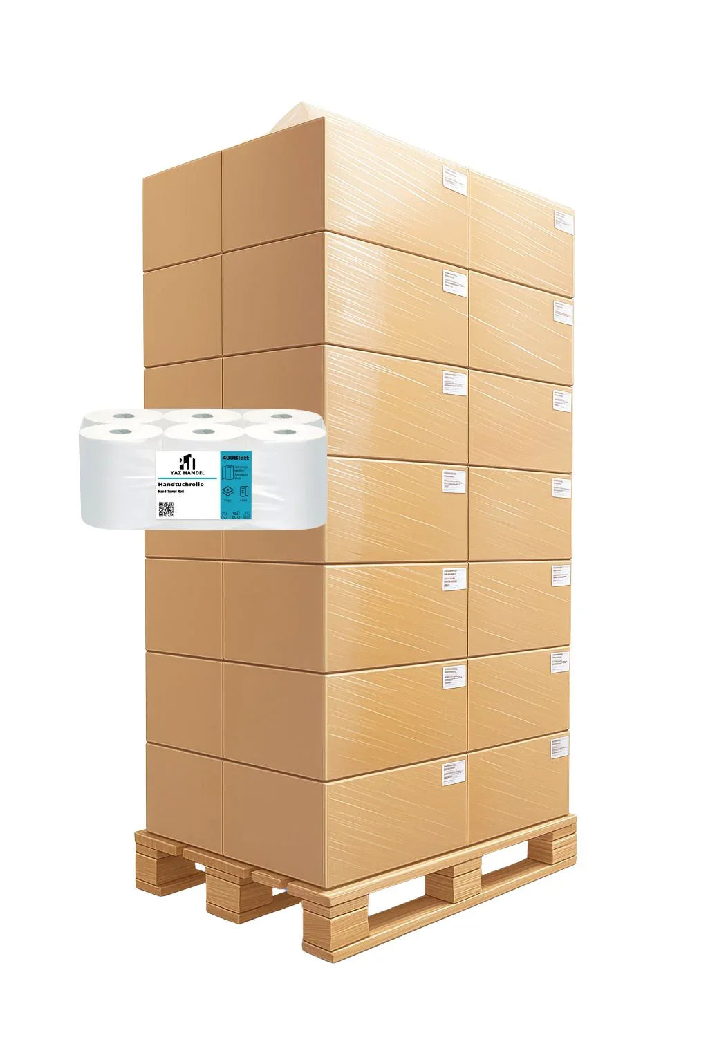 Papierrollenpalette 2-lagig, 400 Blatt, 18,5 x 21 cm, 6 Rollen 65Stück - Palettenware