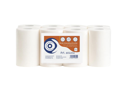 Midi Handtuchrolle 2-lagig – 100% Zellstoff, Innen- & Außenabwicklung, 20 cm breit, 12 Rollen