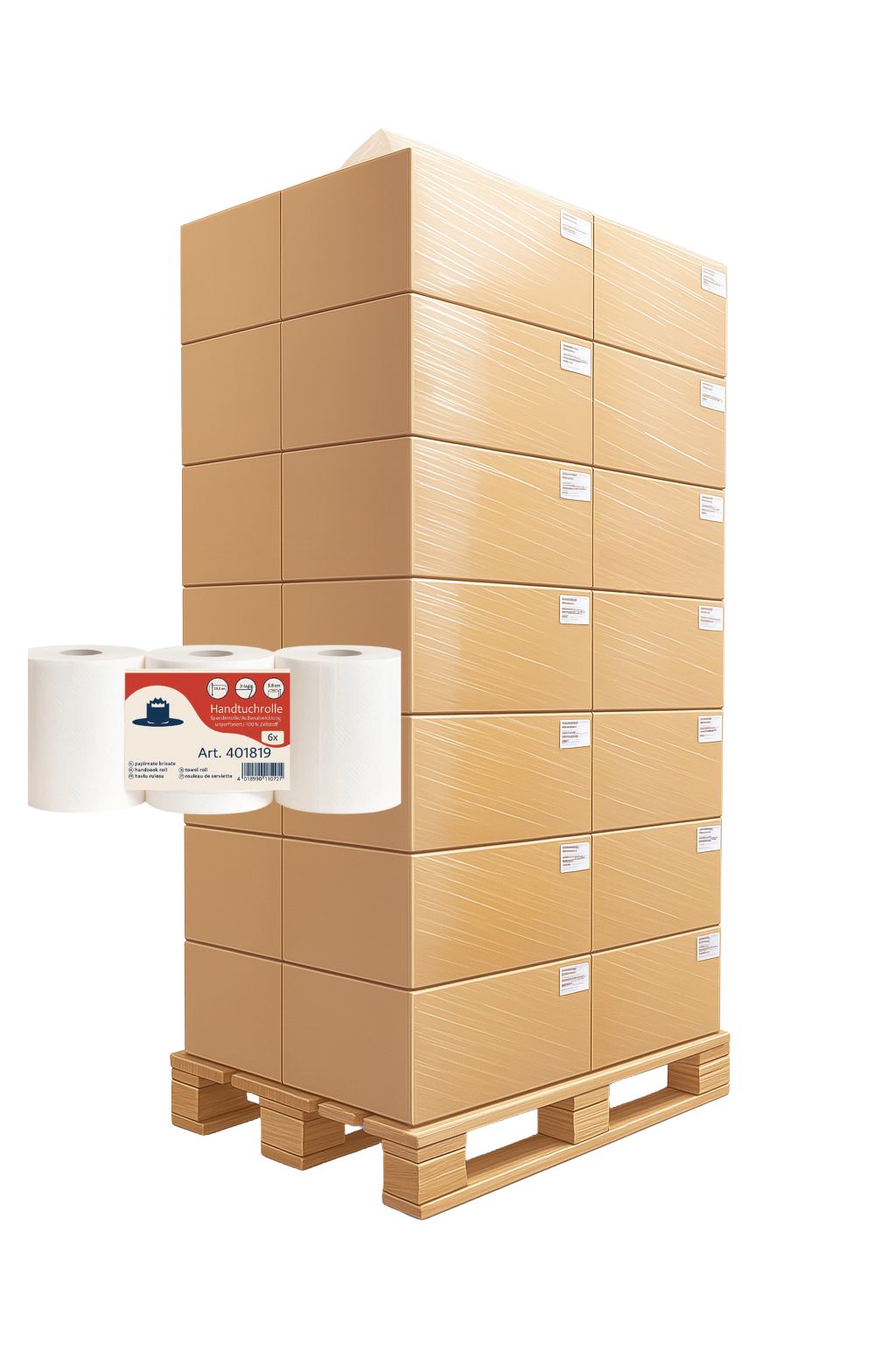 1x Palette Handtuchrolle 2-lagig 130 m – 100 % Zellstoff, 240 Rollen Palette 20,5 cm breit, ohne Perforation, Spendergeeignet
