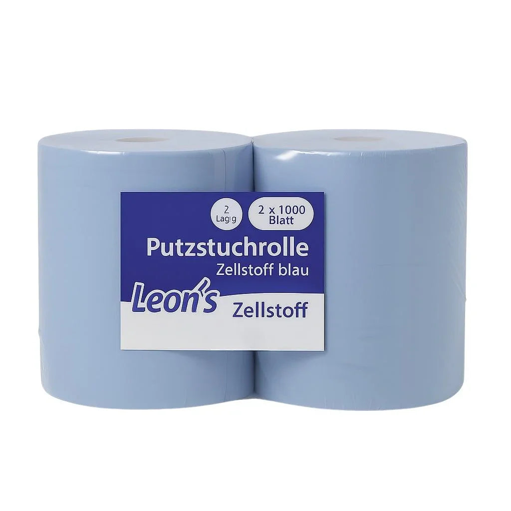 Saugstarke blaue Putztuchrolle aus 2-lagigem Zellstoff für den gewerblichen Einsatz.