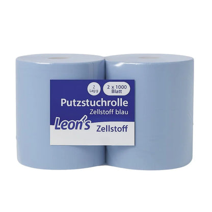 Saugstarke blaue Putztuchrolle aus 2-lagigem Zellstoff für den gewerblichen Einsatz.
