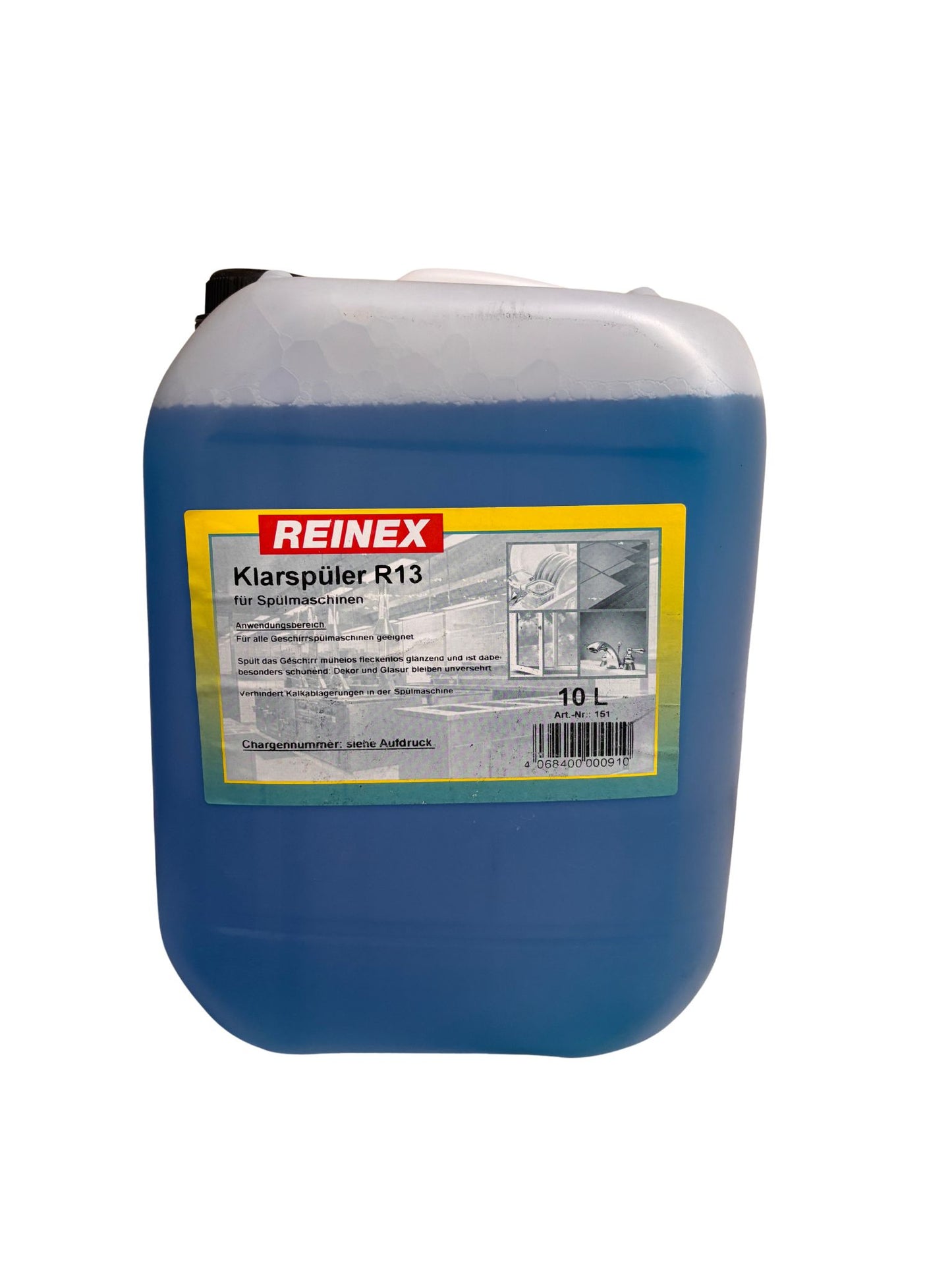 Professioneller REINEX R13 Klarspüler im blauen 10-Liter-Kanister für Gewerbespülmaschinen
